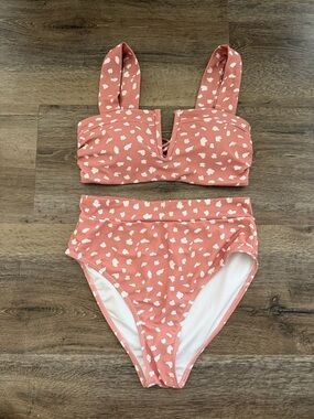 Coral Pink Printed High-Waist Bikini Set